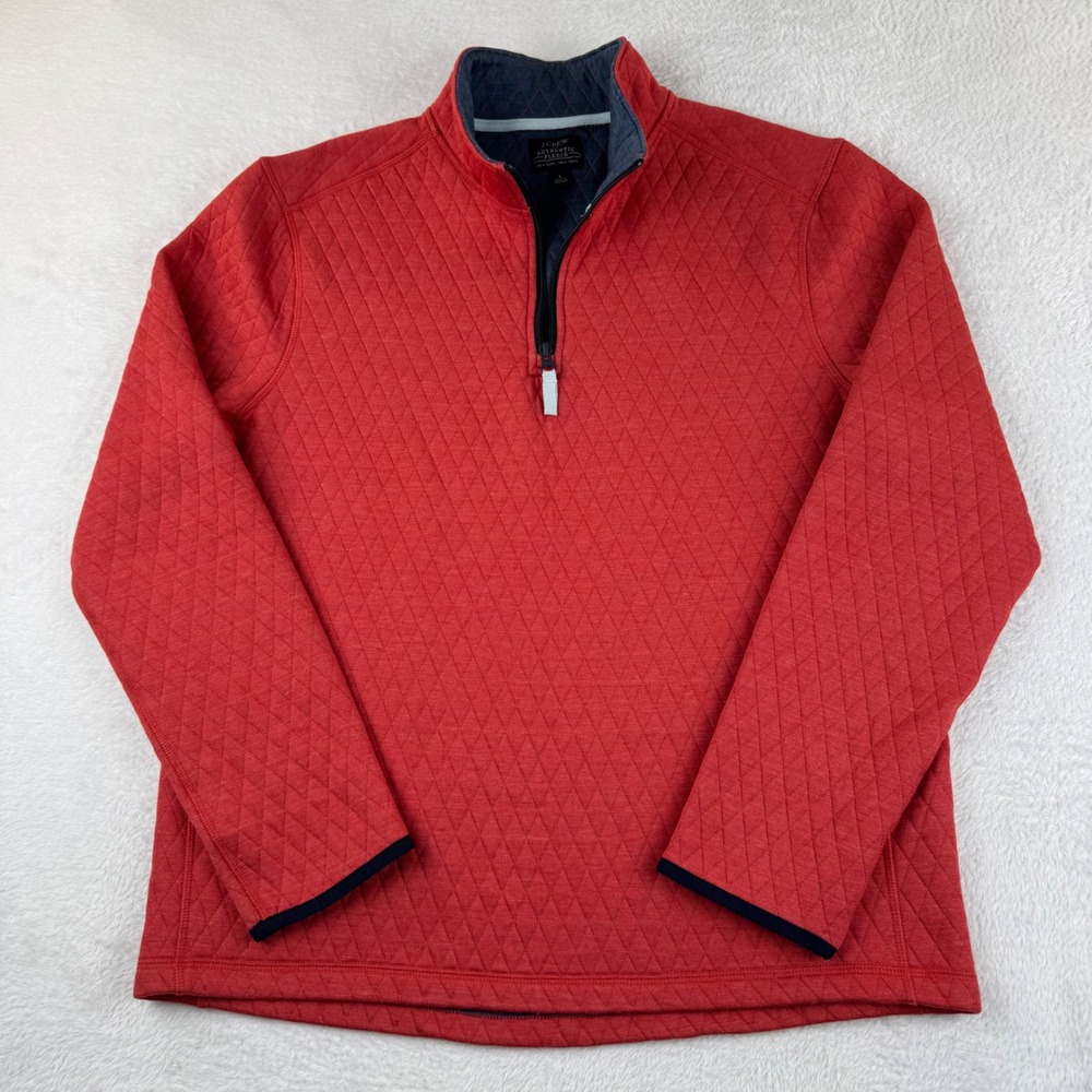 J.Crew Authentic Fleece Quarter Zip Mens Large Vibrant Red‎ Soft Quilted Diamond